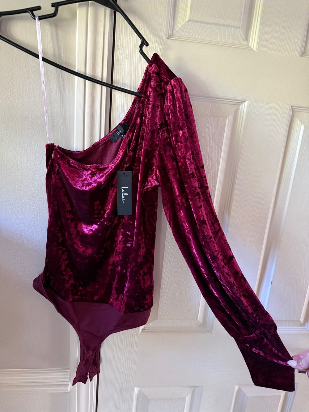 Lulu's Burgundy Crushed Velvet One-Shoulder Bodysuit